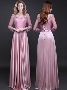 Ideal Long Sleeves Lace Up Floor Length Appliques and Belt Homecoming Dress