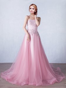 With Train Pink Prom Gown Tulle Brush Train Sleeveless Appliques