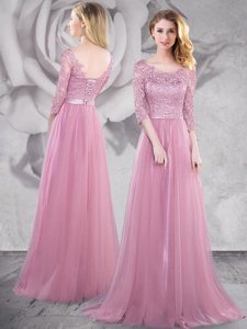 Elegant Pink Tulle Lace Up Scoop Half Sleeves With Train Prom Gown Brush Train Lace and Ruching