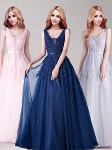 Scoop Half Sleeves Lace Up Floor Length Lace and Ruching and Bowknot Prom Dresses