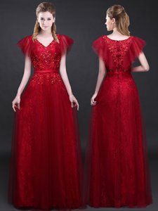 Top Selling Wine Red Short Sleeves Tulle and Lace Zipper Evening Dress for Prom