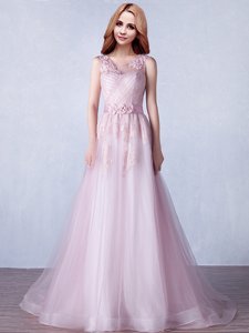 Romantic Scoop Pink Zipper Prom Dress Appliques and Hand Made Flower Sleeveless With Brush Train