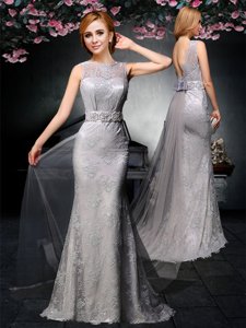 Affordable Lace and Belt Dress for Prom Grey Backless Sleeveless With Train Watteau Train