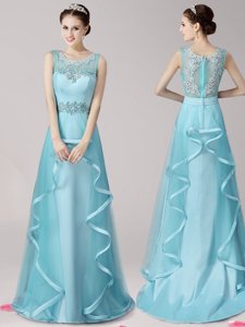 Popular Satin and Tulle Scoop Sleeveless Brush Train Zipper Appliques and Ruffles Prom Evening Gown in Aqua Blue
