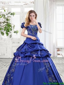 New Style Off The Shoulder Cap Sleeves Taffeta Vestidos de Quinceanera Appliques and Pick Ups and Bowknot Lace Up