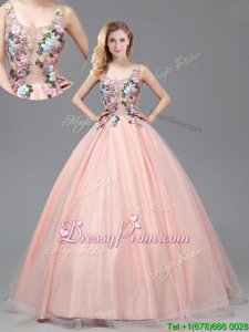 Shining Peach Vestidos de Quinceanera Prom and For withAppliques Straps Sleeveless Criss Cross