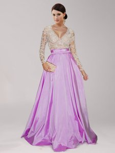 Comfortable Lilac Taffeta Zipper V-neck Long Sleeves Floor Length Prom Gown Beading and Belt