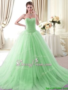 Glorious With Train Ball Gowns Sleeveless Apple Green Vestidos de Quinceanera Brush Train Lace Up