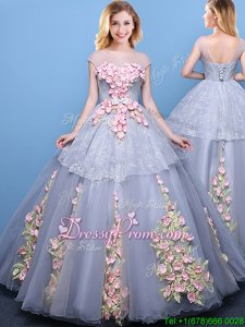 Popular Scoop Cap Sleeves Quince Ball Gowns Floor Length Appliques Grey Tulle