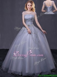 Shining Grey Vestidos de Quinceanera Military Ball and Sweet 16 and Quinceanera and For withBeading and Belt Scoop Cap Sleeves Lace Up