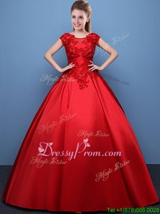 Luxurious Red Lace Up Quinceanera Gown Appliques Cap Sleeves Floor Length