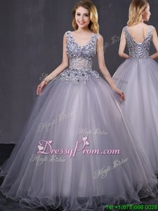 Perfect Grey Lace Up Appliques Quinceanera Gown Sleeveless