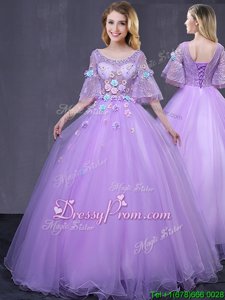 Traditional Floor Length Ball Gowns Half Sleeves Lavender 15 Quinceanera Dress Lace Up