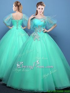 Inexpensive Spring and Summer and Fall and Winter Organza Half Sleeves Floor Length Quinceanera Dresses andAppliques