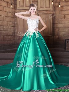Sweet Lace and Appliques Quinceanera Gowns Turquoise Lace Up Sleeveless With Train Court Train
