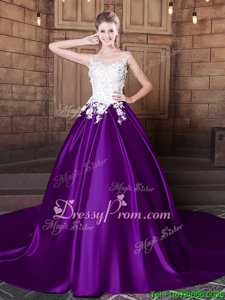 Elegant Purple Elastic Woven Satin Lace Up 15 Quinceanera Dress Sleeveless Court Train Lace and Appliques