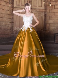 Graceful Gold Scoop Lace Up Lace and Appliques Quinceanera Dress Court Train Sleeveless