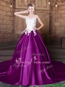Suitable Sleeveless With Train Lace and Appliques Lace Up Quince Ball Gowns with Eggplant Purple Court Train
