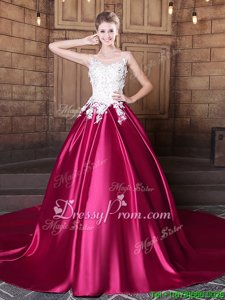 Designer Elastic Woven Satin Scoop Sleeveless Court Train Lace Up Lace and Appliques Quinceanera Gowns inHot Pink