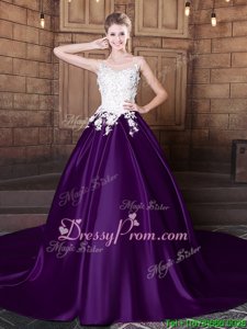 Super Scoop Sleeveless Quinceanera Gowns With Train Court Train Lace and Appliques White And Purple Elastic Woven Satin