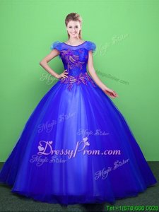 Dazzling Short Sleeves Tulle Floor Length Lace Up Sweet 16 Dress inBlue forSpring and Summer and Fall and Winter withAppliques