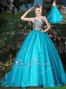 Glorious Teal Quince Ball Gowns Military Ball and Sweet 16 and Quinceanera and For withAppliques and Belt Scoop Sleeveless Brush Train Zipper