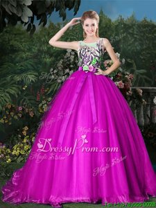 Fine Sleeveless Organza Brush Train Zipper Quinceanera Dresses inFuchsia forSpring and Summer and Fall and Winter withAppliques and Belt