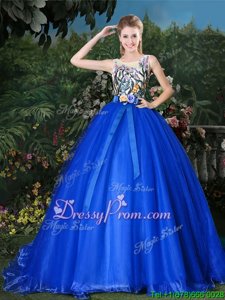 Glamorous Royal Blue Ball Gowns Appliques and Belt Quinceanera Gowns Zipper Organza Sleeveless