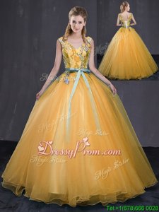 Fashionable Gold Lace Up V-neck Appliques and Belt 15 Quinceanera Dress Tulle Sleeveless