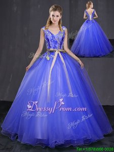 Royal Blue Lace Up 15 Quinceanera Dress Appliques and Belt Sleeveless Floor Length