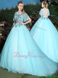 Sumptuous Aqua Blue Ball Gowns Tulle Scoop Half Sleeves Appliques Lace Up Ball Gown Prom Dress Brush Train