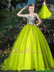 Customized Olive Green Organza Lace Up Scoop Sleeveless With Train Sweet 16 Quinceanera Dress Court Train Beading and Appliques and Belt