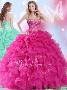Fitting Hot Pink Ball Gowns Beading and Ruffles Quinceanera Dresses Lace Up Organza Sleeveless Floor Length