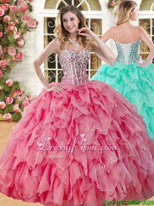 Dazzling Coral Red Quinceanera Gowns Military Ball and Sweet 16 and Quinceanera and For withBeading and Ruffles Sweetheart Sleeveless Lace Up
