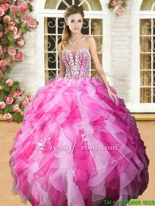Free and Easy White and Hot Pink Sleeveless Floor Length Beading and Ruffles Lace Up 15th Birthday Dress