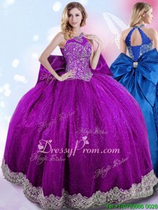 Fine Sleeveless Floor Length Beading and Bowknot Lace Up Sweet 16 Dress with Eggplant Purple