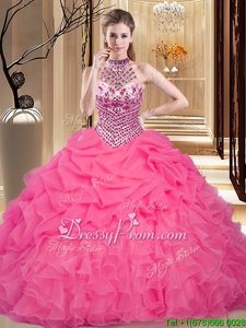 Hot Pink Sleeveless Organza Lace Up 15th Birthday Dress forMilitary Ball and Sweet 16 and Quinceanera