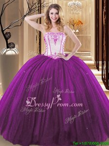 Excellent White And Purple Tulle and Sequined Lace Up Strapless Sleeveless Floor Length Sweet 16 Dresses Embroidery
