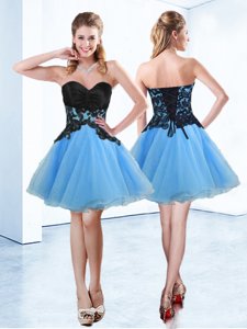 Most Popular Sleeveless Mini Length Appliques Lace Up Prom Dresses with Blue And Black