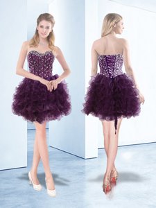 Fashion Dark Purple Sweetheart Neckline Beading and Ruffles Prom Dresses Sleeveless Lace Up