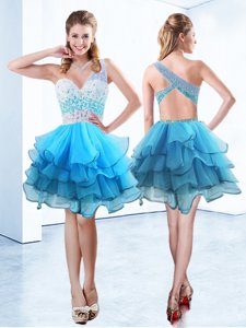 Exceptional Aqua Blue Organza Criss Cross One Shoulder Sleeveless Knee Length Dress for Prom Beading and Ruffled Layers