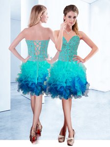 Unique Knee Length Aqua Blue Prom Dress Organza Sleeveless Ruffles