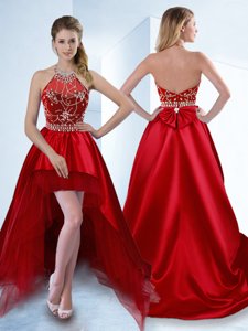 Flare Halter Top Sleeveless Zipper Prom Dresses Red Satin