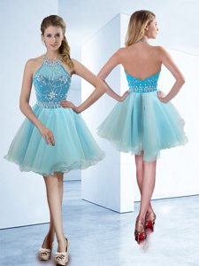 Light Blue Organza Zipper Halter Top Sleeveless Knee Length Prom Party Dress Beading