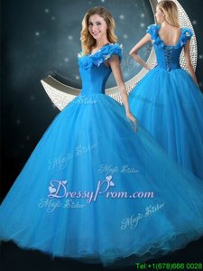 Classical Appliques Sweet 16 Quinceanera Dress Blue Lace Up Cap Sleeves Floor Length