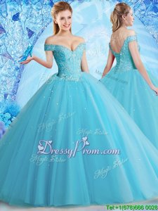 Eye-catching Off The Shoulder Sleeveless Tulle Sweet 16 Quinceanera Dress Beading and Lace Lace Up