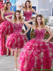 Top Selling Hot Pink and Champagne Lace Up Sweetheart Beading Sweet 16 Dresses Organza Sleeveless
