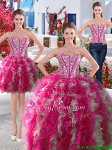 Charming Sweetheart Sleeveless Lace Up Quinceanera Gown White and Hot Pink Organza