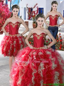 Red and Champagne Ball Gowns Organza Sweetheart Sleeveless Beading Floor Length Lace Up Vestidos de Quinceanera