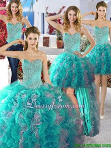 Comfortable Turquoise and Grey Sleeveless Organza Lace Up Vestidos de Quinceanera forMilitary Ball and Sweet 16 and Quinceanera